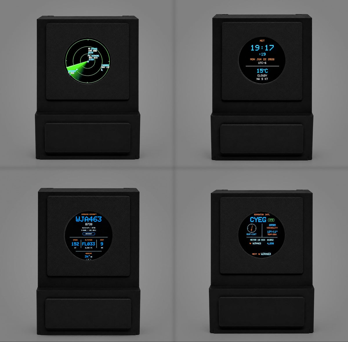 Four DeskSpotter displays showing the radar map, airport monitor, overhead aircraft, and clock and weather screens